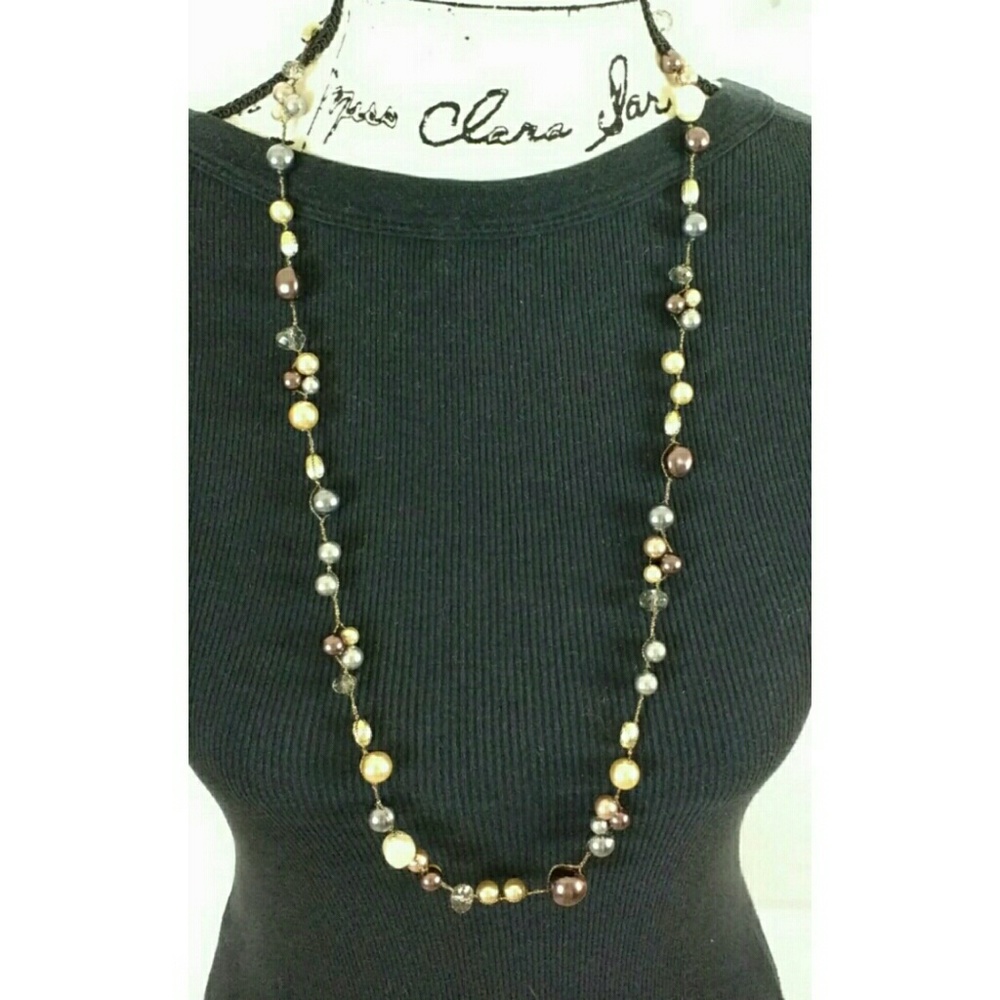 LOFT 34" long beaded necklace, purple, cream, gray